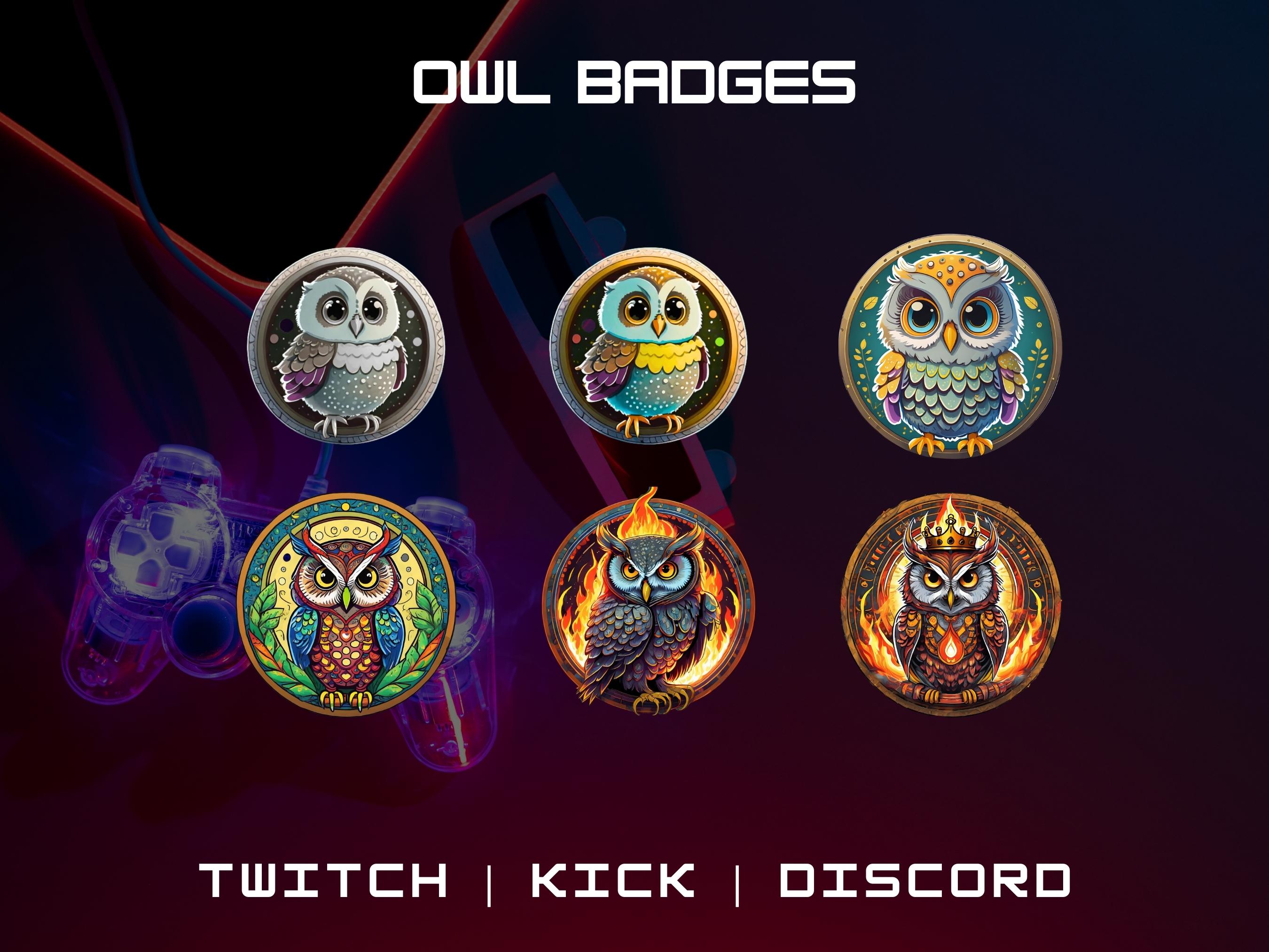 Owl Twitch Sub Badges: Cartoon Bird Stream Graphics (Instant Download)