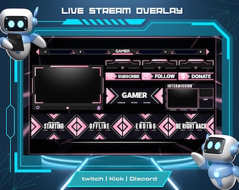 Pink Twitch Overlay Pack Aesthetic Stream Package with Screens Panels for Gamers and Streamers