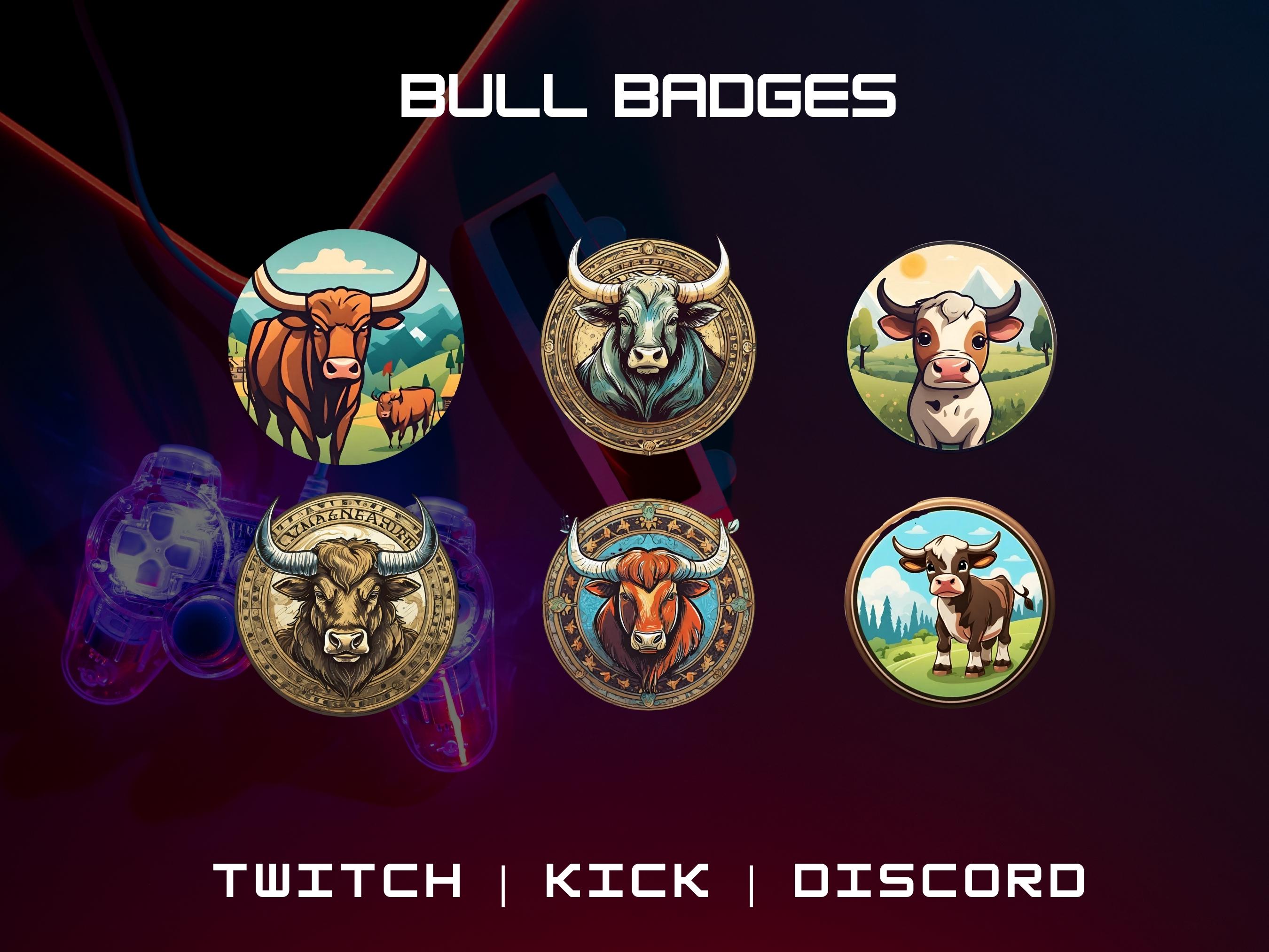 6 Cute Bull Sub/Bit Badges For Twitch, Youtube, Discord, Stream | Instant Download | Animal Badges | Pay To Use.