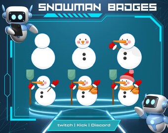 May include: A set of six snowman badges for Twitch, Kick, and Discord. The badges feature different variations of snowmen, including a snowman with a carrot nose, a snowman with a scarf, and a snowman with a shovel. The badges are designed in a cartoon style and are perfect for adding a festive touch to your online presence.
