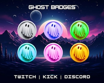 May include: Six colorful ghost badges with a white outline and two black eyes. The badges are arranged in a circle against a purple and pink gradient background with mountains and stars.