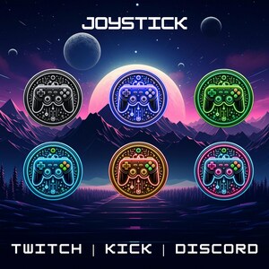 May include: Six different colored round icons with a joystick graphic inside. The icons are against a dark blue background with purple and pink mountains and planets in the background. The text "JOYSTICK" is at the top of the image. The text "TWITCH | KICK | DISCORD" is at the bottom of the image.