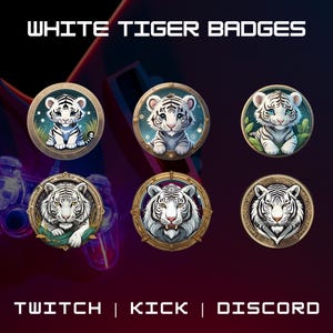 6 Twitch White Tiger Sub Badges | Bit Badges | Cheer Badges | Animal Style Badges | Twitch, Discord, Youtube | Streamer Badges.