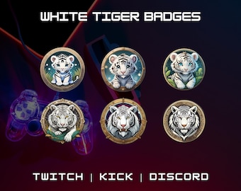 White Tiger Emotes and Badges Pack for Twitch, Wild Animal Stream PNG Set for Gamers and Discord