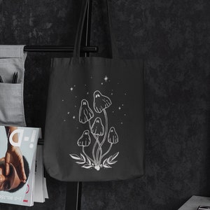 Ghost Mushrooms Gothic Tote Bag | Witchy Alternative Black Cotton Tote