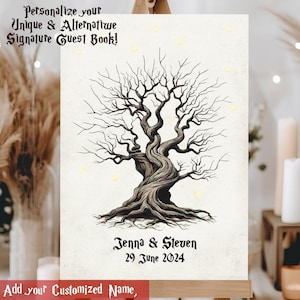 Könnte beinhalten: Eine weiße Leinwand mit einer schwarzen und braunen Baumillustration. Der Baum hat einen verdrehten Stamm und Äste. Der Text "Jenna & Steven 29 June 2024" ist unter dem Baum gedruckt.