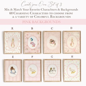 May include: Eight framed Beatrix Potter art prints with pink backgrounds are displayed. Each print features a different character, such as rabbits and ducks. The prints are arranged in a grid, highlighting the range of characters and backgrounds available.