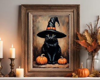黒猫プリント 魔女帽子をかぶった猫のアートプリント 猫アート ハロウィンデコレーション ヴィンテージ 美的 魔女アートデコレーション ダークアカデミア 印刷可能なウォールアート