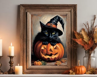 黒猫プリント 魔女帽子をかぶった猫のアートプリント 猫アート ハロウィンデコレーション ヴィンテージ 美的 魔女アートデコレーション ダークアカデミア 印刷可能なウォールアート