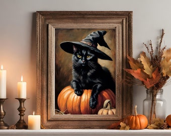 黒猫プリント 魔女帽子をかぶった猫のアートプリント 猫アート ハロウィンデコレーション ヴィンテージ 美的 魔女アートデコレーション ダークアカデミア 印刷可能なウォールアート