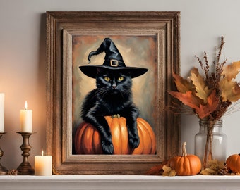 黒猫プリント 魔女帽子をかぶった猫のアートプリント 猫のアートプリント ハロウィンデコレーション ヴィンテージ 美的 魔女アートデコレーション ダークアカデミア 印刷可能なウォールアート