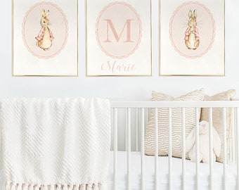 Personalized Peter Rabbit Nursery Decor Monogram Minimalistic Vintage Peter Rabbit Prints Beatrix Potter Baby Initial PRINTABLE Wall Art
