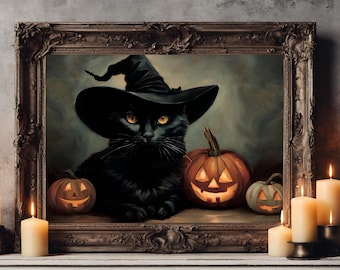 Lámina decorativa de pared con sombrero de bruja y gato negro, decoración vintage de Halloween, estilo academia oscura, estilo gótico imprimible.
