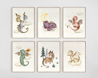 Dragon Prints Fairytale Nursery Prints Dragon Nursery Decor Kids Room Print Mythical Creatures Fantasy Nursery Baby Gift Set of 6 PRINTABLES
