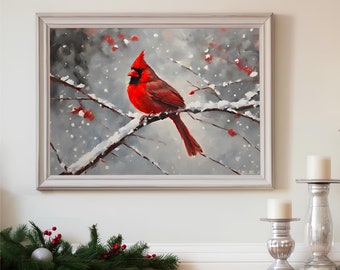 Winter Cardinal Print Landscape Forest Painting Snow Bird Art Print Red Winter Decor Seasonal Decor Christmas Wall Art Vintage PRINTABLE Art