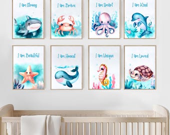 Sea Animal Prints Ocean Nursery Decor Under the Sea Nursery Decor Nautical Nursery Decor Affirmation Quotes Set of 8 PRINTABLE Wall Art