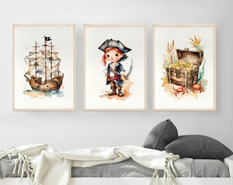 Set of 3 Pirate Print Pirate Ship Print Treasure Chest Adventure Baby Boys Nursery Decor Watercolor Wall Art Boys Room Decor PRINTABLES