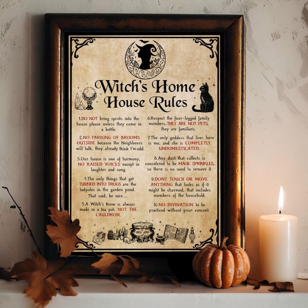 Witch’s Home House Rules Witch Art Print Witchy Home Decor Halloween Decor Fun Quirky Art Poster Vintage Witch Print PRINTABLE Wall Art #134