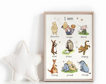Impresión clásica de Winnie the Pooh, decoración infantil de Winnie the Pooh, impresión de afirmación de Winnie the Pooh, póster "Soy", arte de pared para sala de juegos IMPRIMIBLE