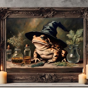 May include: A painting depicting a toad wearing a black witch's hat, surrounded by various herbs and potions in glass bottles. The toad is seated on a wooden table against a dark backdrop. Five candles are positioned in the foreground.