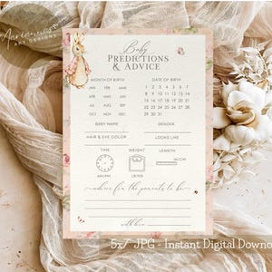 Cartes de pronostics et de conseils pour bébé Jeu de baby shower Peter Rabbit Jeu de pronostics pour bébé Activité baby shower vintage Beatrix Potter à imprimer