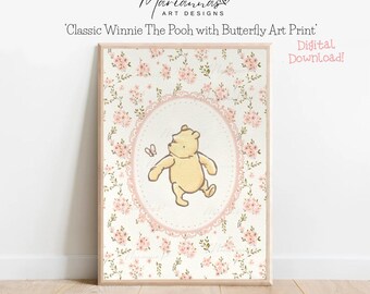 May include: A framed art print featuring Winnie the Pooh with a butterfly. The artwork is set against a floral background with a pink and white color scheme. The print is labeled 'Classic Winnie The Pooh with Butterfly Art Print'.