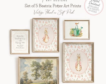 Stampe di Peter Rabbit Stampe vintage per la cameretta di Peter Rabbit Flopsy Bunny Arte di Beatrix Potter Set di 5 stampe floreali rosa vintage STAMPABILI