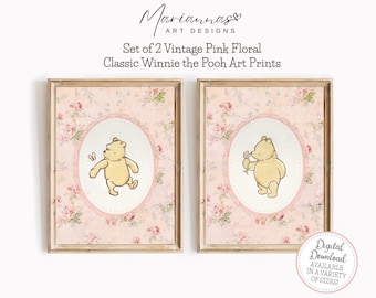 Winnie the Pooh Nursery Decor Classic Winnie the Pooh Prints Vintage Girls Room Prints Set of 2 Pooh Bear Vintage Floral PRINTABLE Wall Art