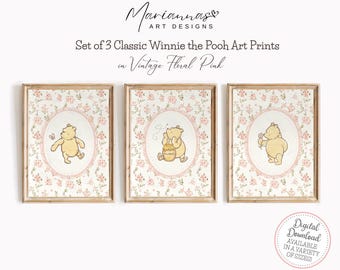 Winnie the Pooh Nursery Decor Classic Winnie the Pooh Prints Vintage Girls Room Prints Set of 3 Pooh Bear Vintage Floral PRINTABLE Wall Art