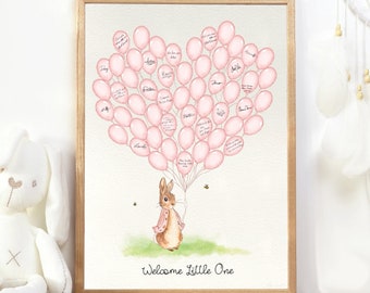 Peter Rabbit Baby Shower Signature Guest Book Print, 55 Pink Balloons, Girls Nursery, Printable