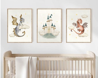 Drachen Prints Schloss Print Märchen Kinderzimmer Drucke Drache Kinder Zimmer Fabelwesen Fantasy Kinderzimmer Dekor Baby Geschenk 3er Set PRINTABLES