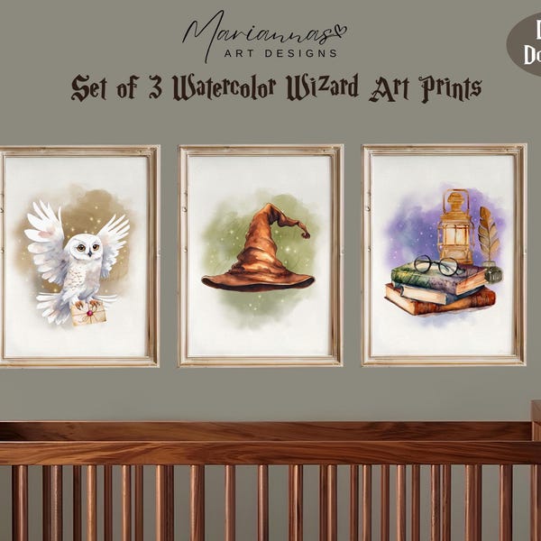 Wizard Nursery Prints, Set of 3, Magic School, Snowy Owl Print, Wizard World, Printable