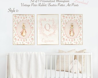 Personliga Peter Kanin Barnrumstavlor, Set med 3 Vintage Rosa, Monogram, Namn, Flopsy, Utskrivbara