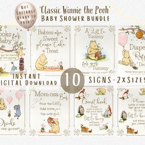 10 Winnie the Pooh Baby Shower Party Sign Bundle Classic Winnie the Pooh Table Signs Set Pink Baby Shower PRINTABLE Decor Digital Download