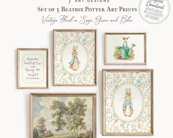Peter Rabbit Drucke Vintage Peter Rabbit Drucke Beatrix Potter Kindergarten Drucke Vintage Floral Sage Blau Storybook Art 5er Set DRUCKBAR