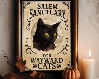 Plakat z czarnym kotem Salem Sanctuary For Wayward Cats, magiczny chowaniec, wydruk czarownicy, sztuka Halloween, czarowniczy vintage, do druku, sztuka ścienna