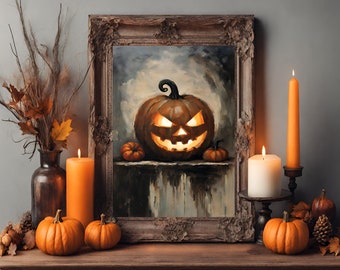 Op de afbeelding: Een Halloween-stilleven met een ingelijst schilderij van een uitgesneden pompoen met een gloeiend gezicht. De scène omvat oranje pompoenen, brandende kaarsen en herfstbladeren, waardoor een feestelijke en spookachtige sfeer ontstaat.