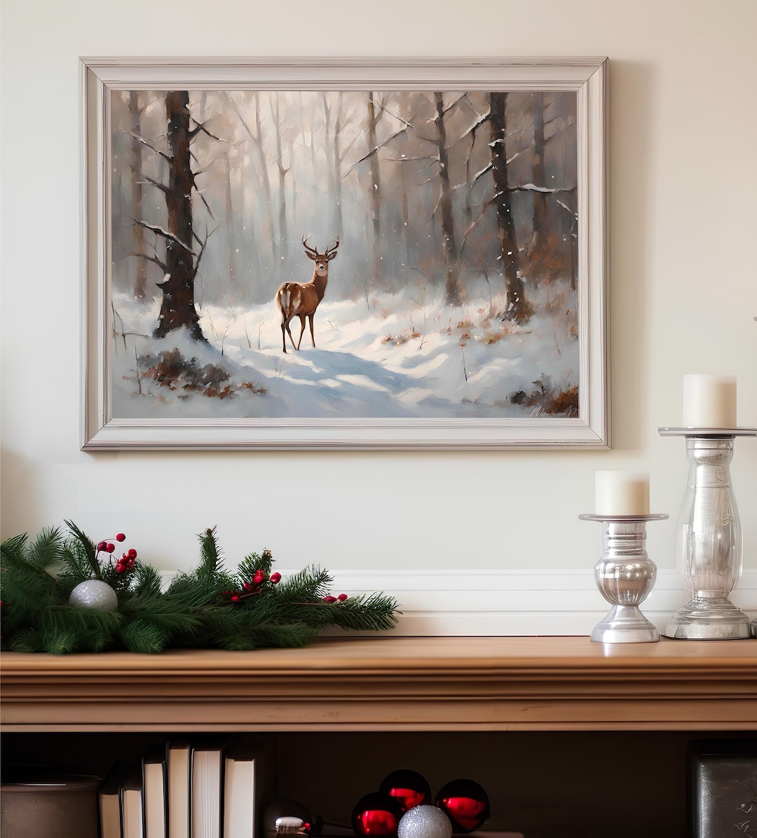 Deer Landscape Vintage Art Print Winter Snowy Forest Landscape ...
