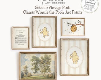 Winnie the Pooh Prints Classic Winnie the Pooh Print Vintage Nursery Decor Beige Gender Neutral Baby Shower Gift Set of 5 PRINTABLE Wall Art