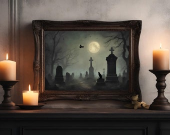 May include: A framed painting of a graveyard at night with a full moon, a black cat, and a few tombstones. The painting is on a dark wooden mantel with two lit candles on either side.