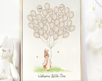 Peter Rabbit Baby Shower Signature Guest Book Print, 35 Beige Balloons, Gender Neutral, Printable