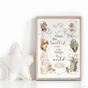May include: A framed watercolor print featuring whimsical illustrations of animals, including a squirrel, owl, and rabbit, with the text "Even the Smallest one can change the world." The print has a light wood frame and a white star-shaped pillow.