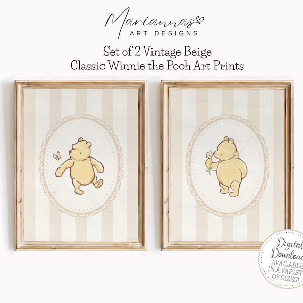 Decoración infantil de Winnie the Pooh. Juego de 2 impresiones clásicas de Winnie the Pooh. Decoración infantil de género neutro. Descarga digital imprimible.