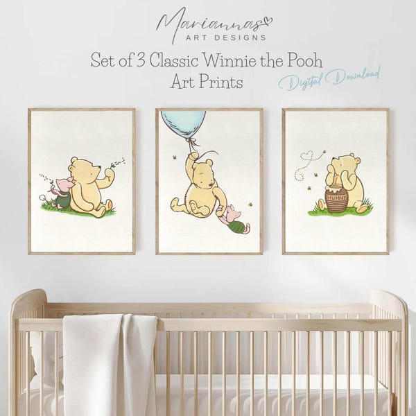 Winnie the Pooh Prints Klassische Winnie the Pooh Prints Kinderzimmer Prints Pooh Bär mit blauen Ballon Baby Geschenk 3er Set DRUCKBARE Wandkunst