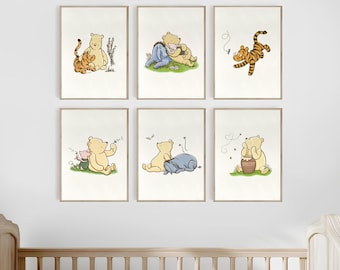 May include: Six framed prints featuring Winnie the Pooh and his friends. The prints are in a light brown frame with a white mat. The prints feature various scenes from the Winnie the Pooh stories, including Winnie the Pooh and Piglet, Winnie the Pooh and Tigger, and Winnie the Pooh and Eeyore.