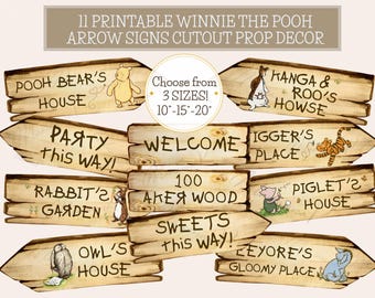 Set of 11 Winnie the Pooh Signs Arrow Signs Classic Winnie the Pooh Cutout Party Decor Prop Baby Shower Birthday Party Decoration Printables