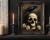 Raven Skull and Roses Print Witchy Home Decor Dark Academia Art Gothic Art Macabre Art Vintage Print Halloween Decor PRINTABLE Wall Art #41
