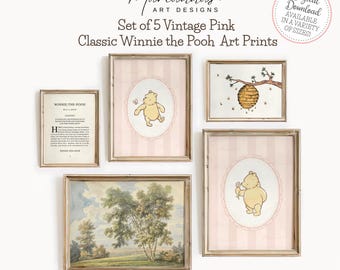 Winnie the Pooh Prints Classic Winnie the Pooh Print Vintage Pink Pooh Bear Nursery Decor Girls Nursery Baby Shower Gift PRINTABLE Wall Art