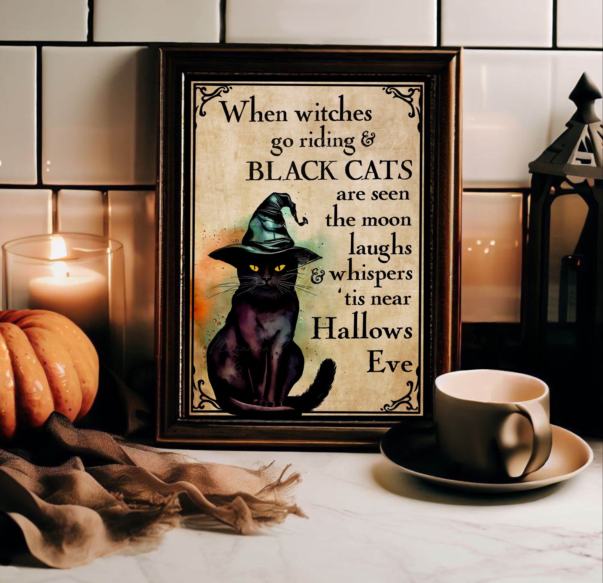 Black Cat Print Cat in Witch Hat Poster Cat Art Halloween Decor Vintage ...