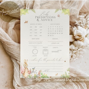 Kaarten voor voorspelling en advies van baby's Peter Rabbit babyshowerspel Baby voorspellingen spel Pink Flopsy Bunny babyshower activiteit AFDRUKBAAR